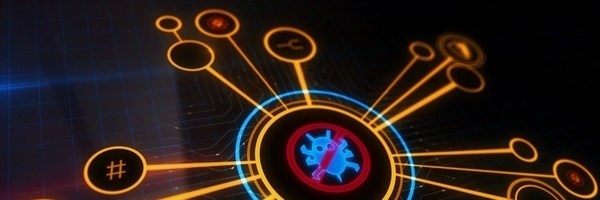 Im Zentrum ein durchgestrichenes Virussymbol (von einem Käfer symbolisiert), umgeben von leuchtenden orangefarbenen Linien und Kreisen auf dunklem Hintergrund